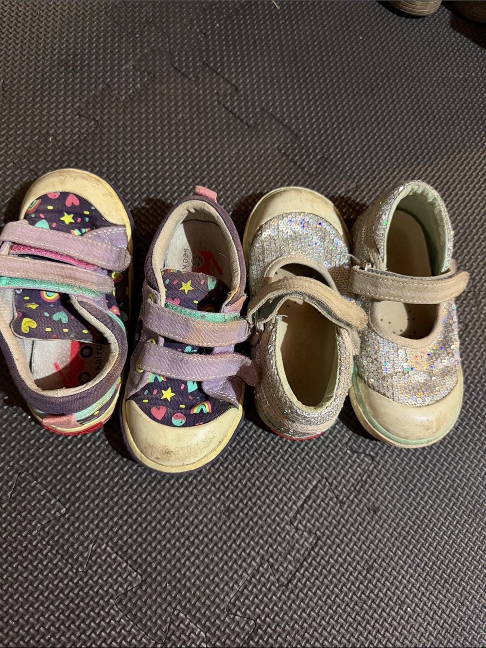 Kids Purple Heart & Rainbow Sneakers and Silver Glitter Mary Janes - Two Pair